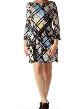 Laundry By Shelli Segal Black, Blue & Yellow Geometric Dress